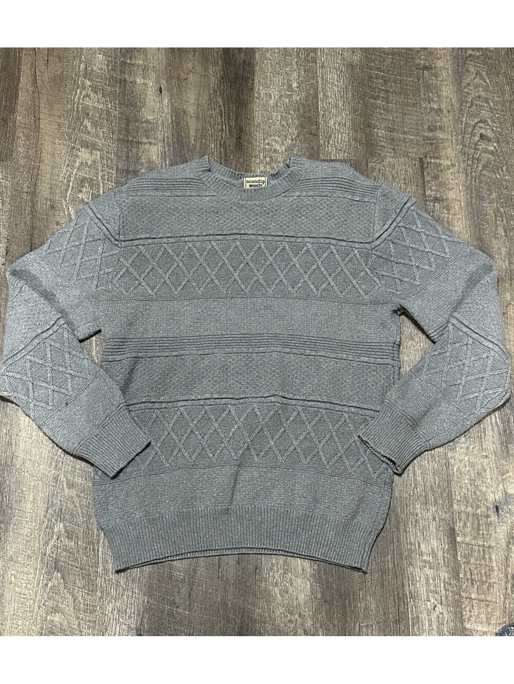 SCANDIA WOODS Men's Grey Cable Knit 100% Cotton Crew Sweater Pullover Size M